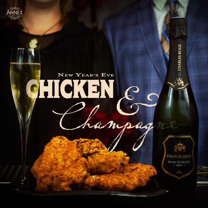 Chicken & Champagne New Year’s Eve graphic with fried chicken and a champagne bottle