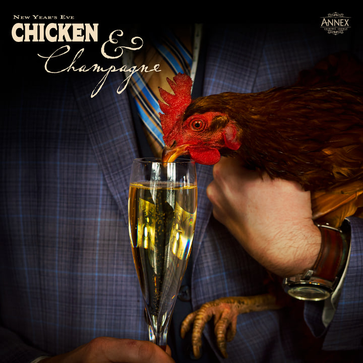 Chicken & Champagne graphic with a rooster and a champagne flute