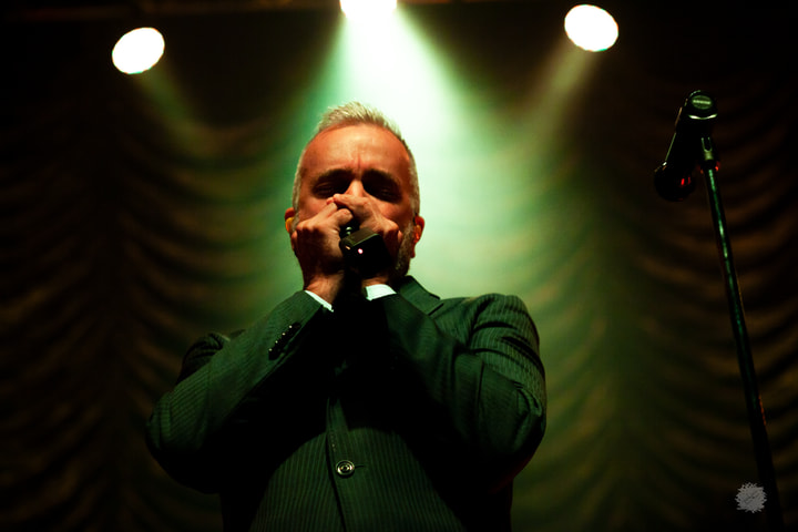 Singer with harmonica under green light