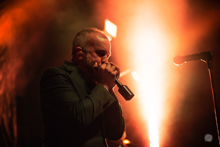 Singer with harmonica in orange backlight