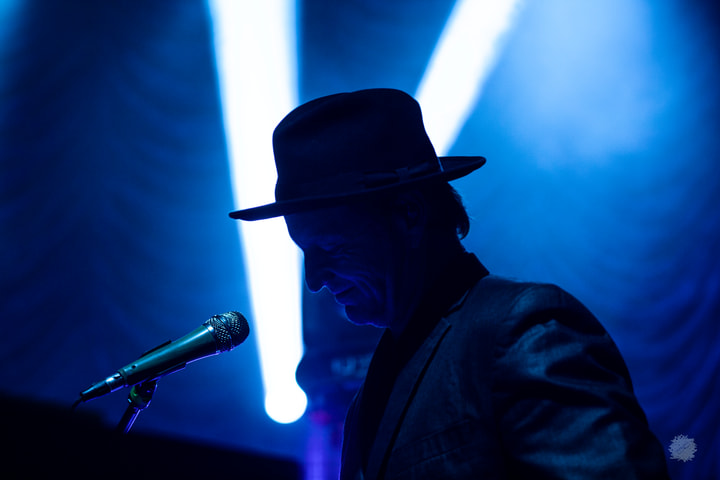 Silhouette of a musician in a hat against blue light
