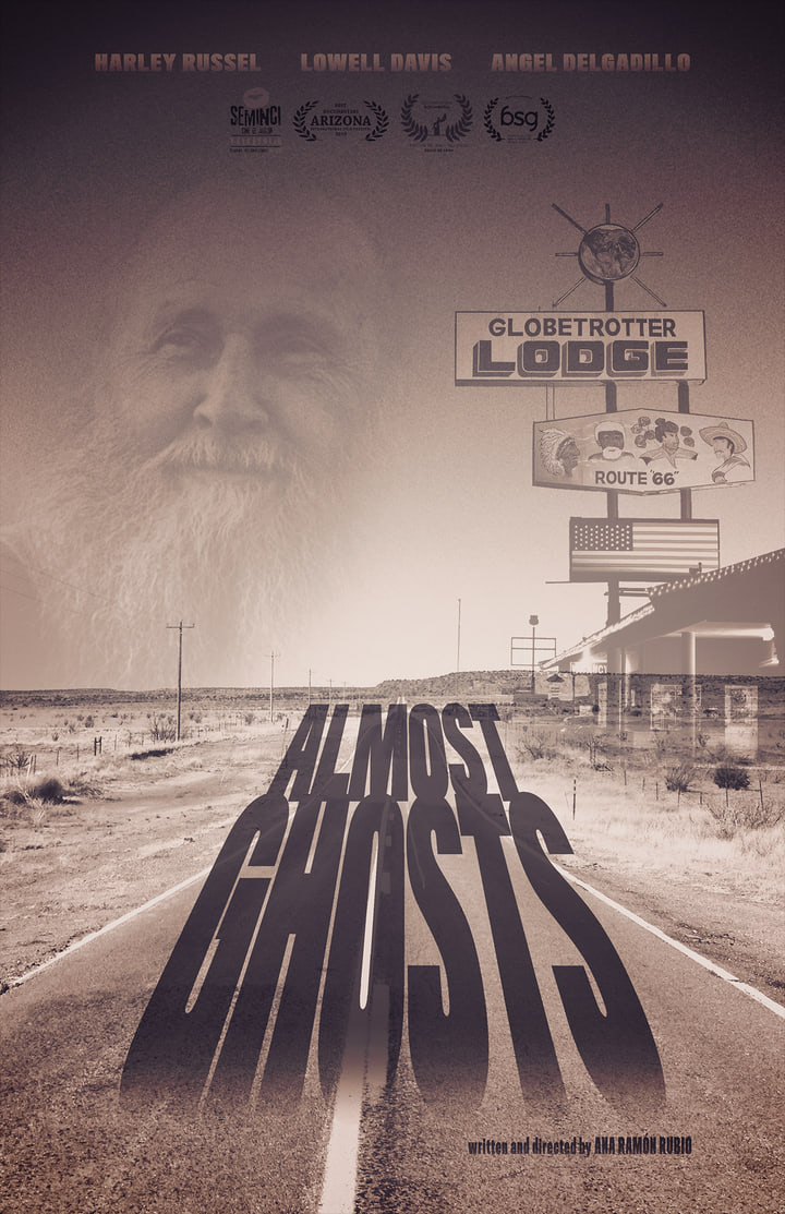 Almost Ghosts poster with a desert motel sign and road lettering