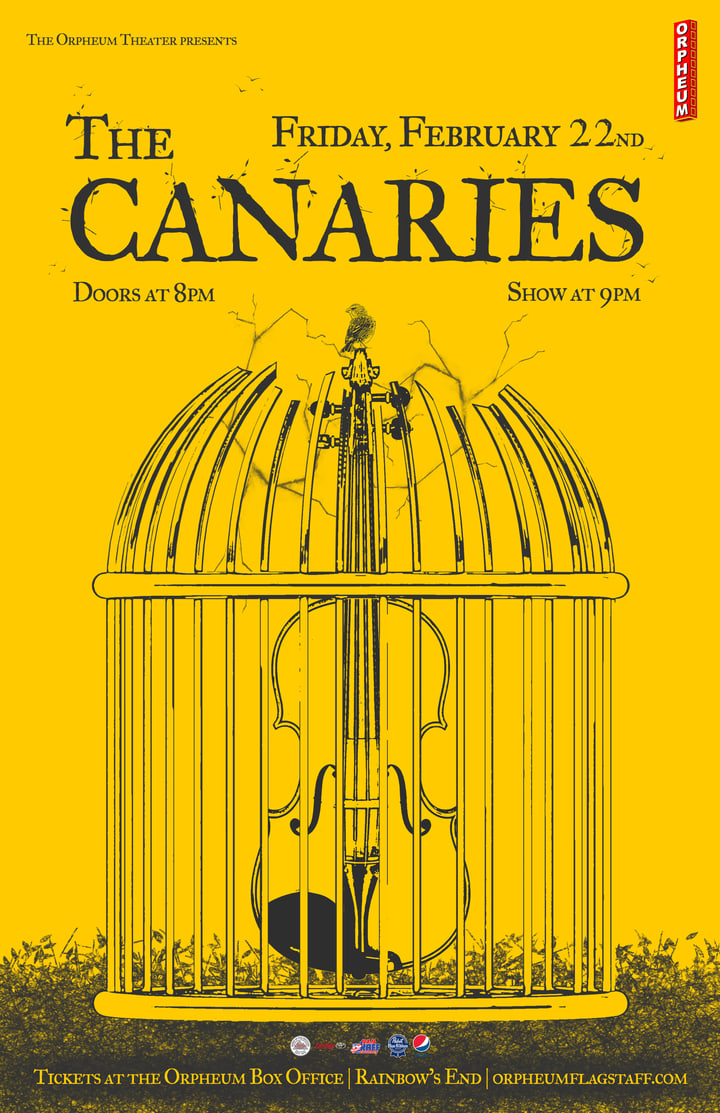 The Canaries poster with a violin inside a birdcage