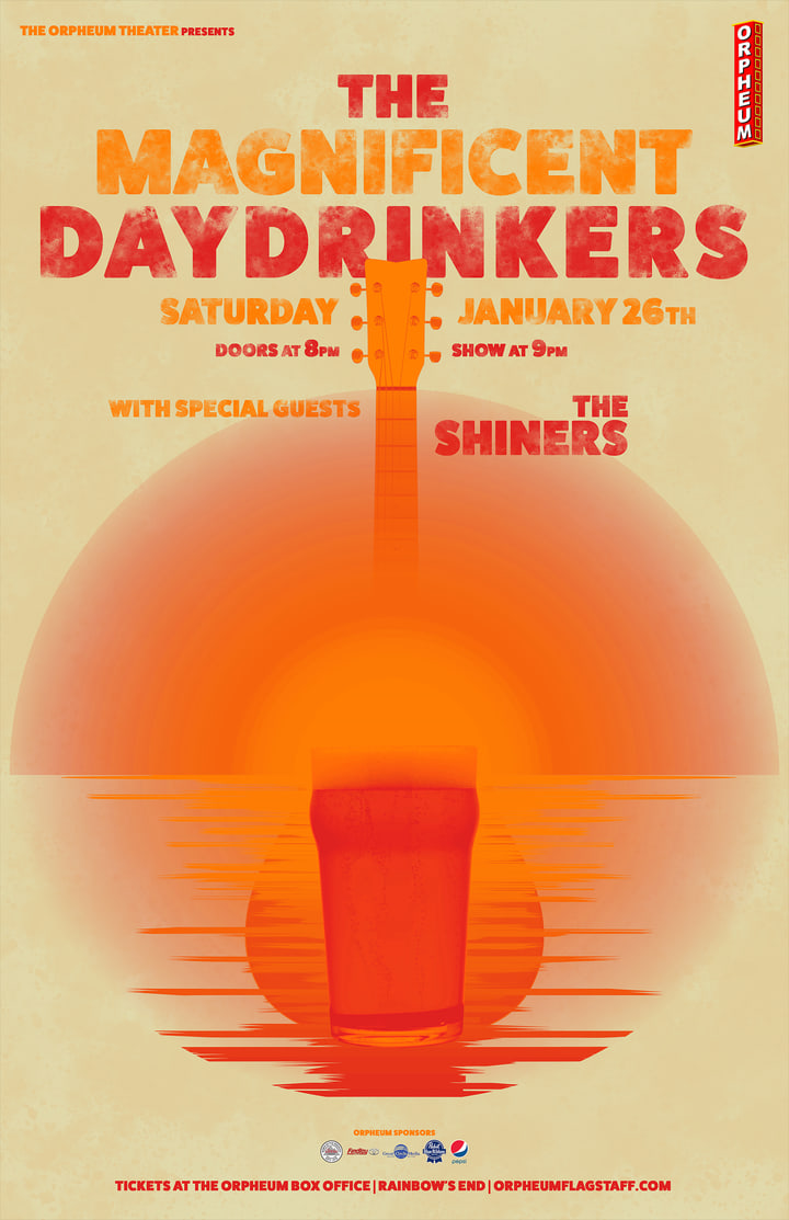 The Magnificent Daydrinkers poster with a setting sun
